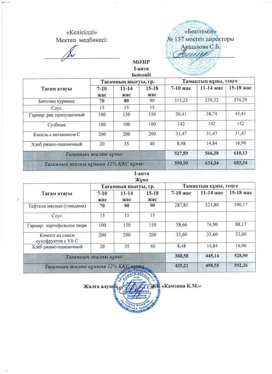 Асхана Мәзірі 2022-2023 оқу жылы жаңа 4 апта