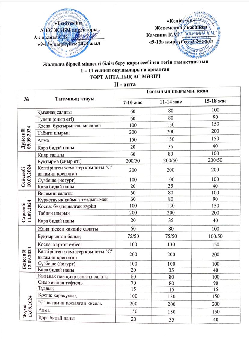 2024 жылғы 9-13 қыркүйек аралығындағы ас мәзірі.