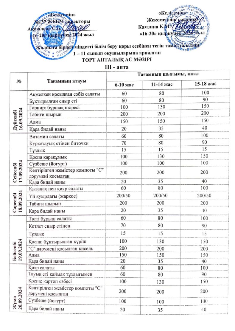 2024 жылғы 16-20 қыркүйек аралығындағы ас мәзірі.