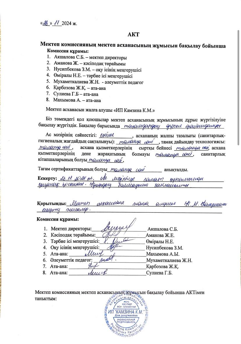 Мектеп комиссияның мектеп асханасының жұмысын бақылау бойынша АКТ